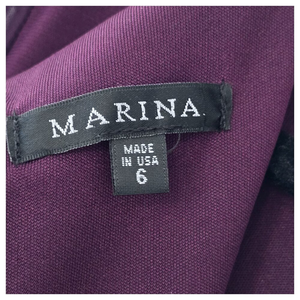 Marina Beaded Mesh Long Sleeve Side Drape Cocktail Dress Size 6 Plum Stretch - Picture 7 of 8